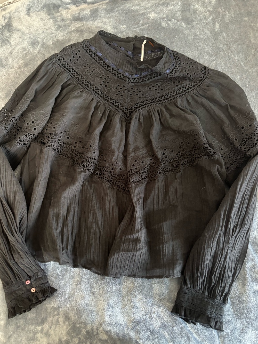 Free People Black Eyelet Yoke Blouse